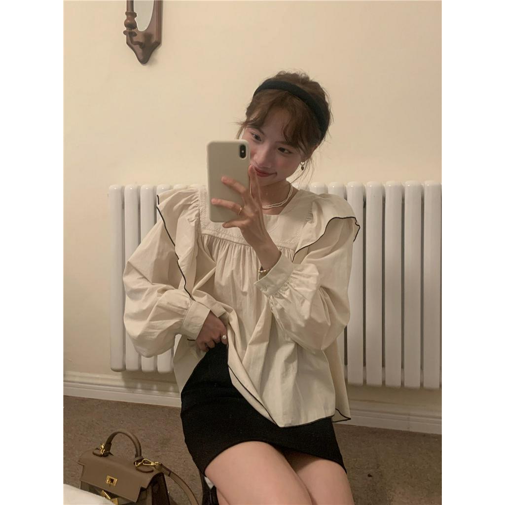 Áo Sơ Mi Dài Tay Cổ Vuông Thêu Họa Tiết Phong Cách Hàn Quốc 56363