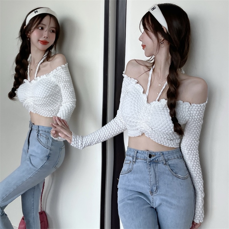 Áo kiểu croptop IHKKE hở vai thiết kế kiểu dây rút co giãn quyến rũ thời trang dành cho nữ