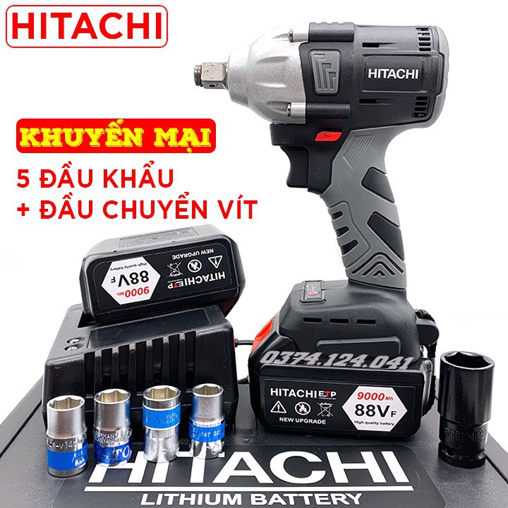 Máy siết bulong Hitachi 88V KHÔNG CHỔI THAN - LOẠI 2 PIN - Tặng kèm 6 đầu khẩu, Khoan Pin, Bắn Vít, Xiết ốc