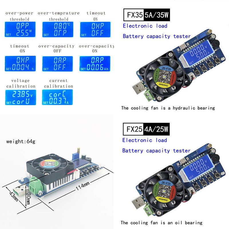 25W 35W 4A / 5A Dung lượng pin Máy kiểm tra Dòng điện không đổi Tải điện tử Máy kiểm tra USB Điện trở có thể điều chỉnh Máy kiểm tra điện áp