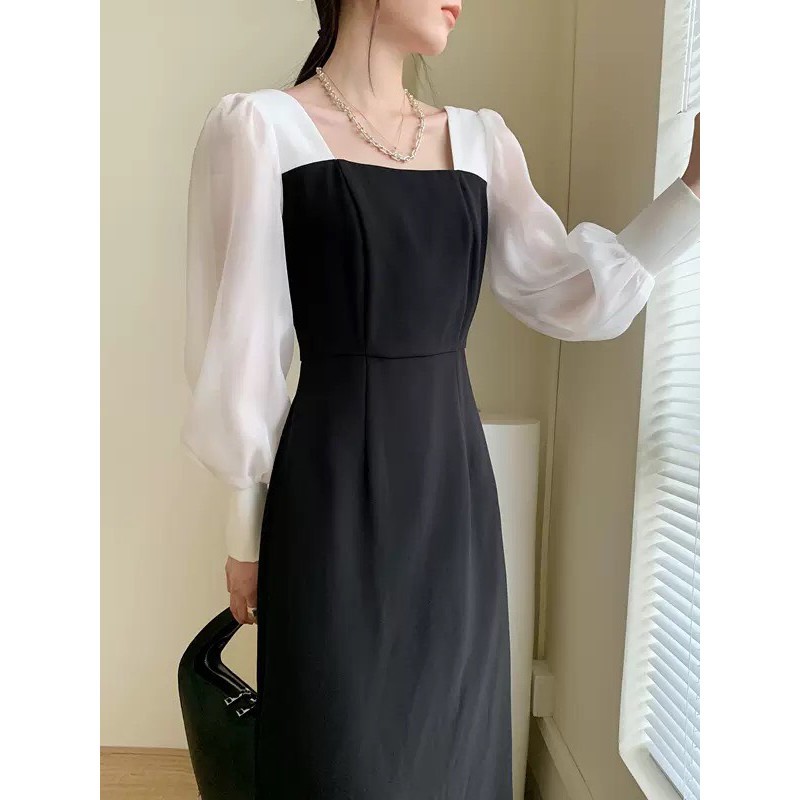 Đầm dự tiệc mùa thu mới nhất 2020 thiết kế cổ vuông, Phong cách Hàn quốc, hàng đẹp cao cấp giá rẻ tại VADA.vn - Đ0039 -H
