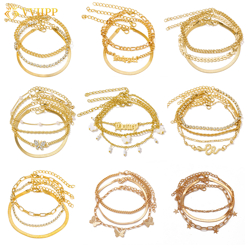 Vòng Tay Nhiều Lớp Mạ Vàng Đính Đá Hình Bướm Xinh Xắn