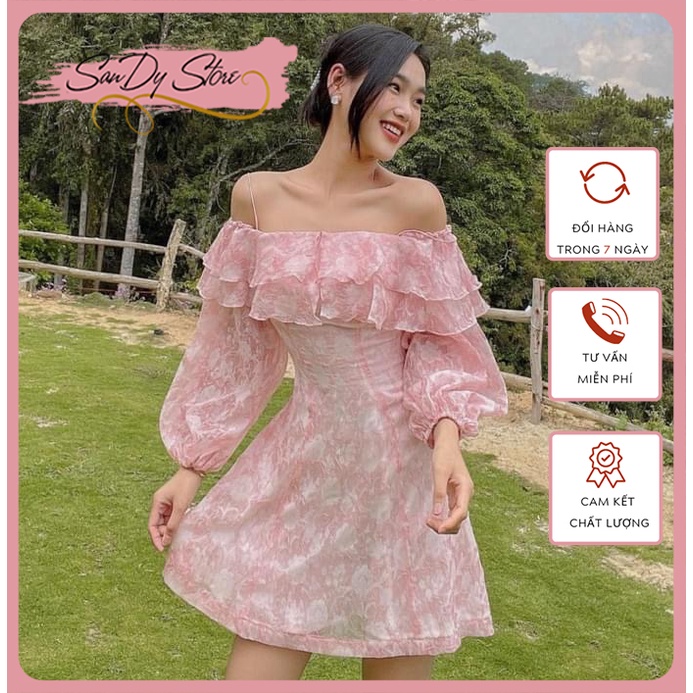 Váy hoa trễ vai bèo tiểu thư voan ý hoạ tiết hoa nổi, đầm hoa trễ vai dáng xoè dự tiệc sang chảnh