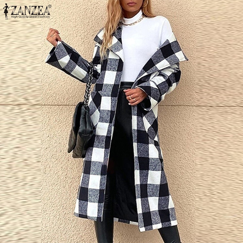 Áo khoác cardigan dài ZANZEA cổ bẻ dài tay dáng rộng in họa tiết caro thời trang thường ngày cho nữ