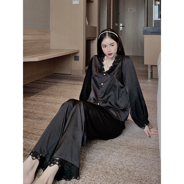 [Siêu hot] Đồ bộ pijama mặc nhà LỤA LATIN cổ V đắp ren tay dài phồng cao cấp chuẩn QCCC