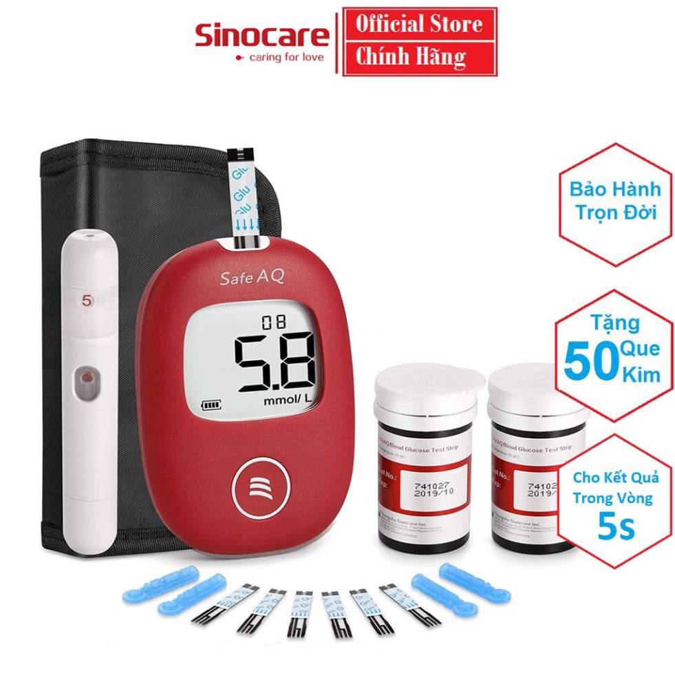 [SIEU SALE] * Máy Đo Đường Huyết Safe AQ Smart SINOCARE VIETNAM Tặng kèm 50 Que thử Và 50 Kim