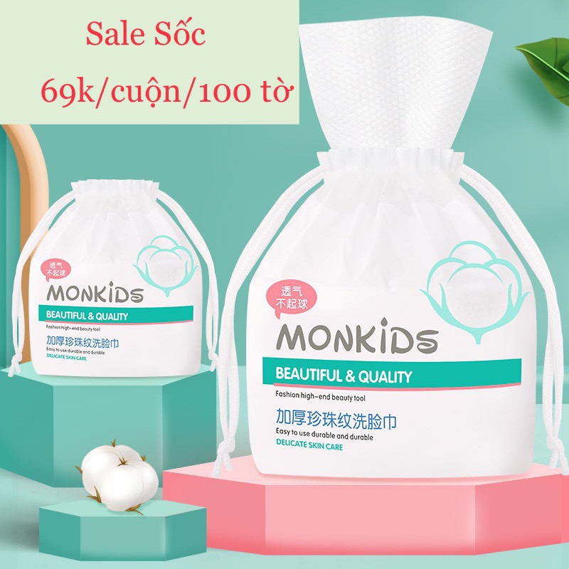 Khăn lau mặt mềm khô & ẩm dùng 1 lần chăm sóc da Monkids 100 tờ/cuộn. | BigBuy360 - bigbuy360.vn