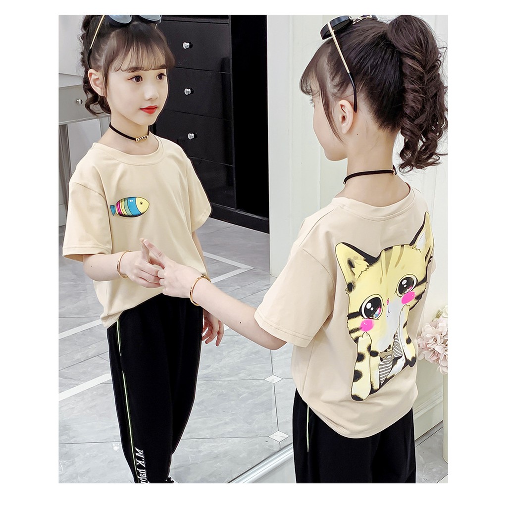 Áo thun bé gái đến size đại. Áo phông bé gái size đai từ 20 -50kg họa tiết mèo xinh sau lưng AG902