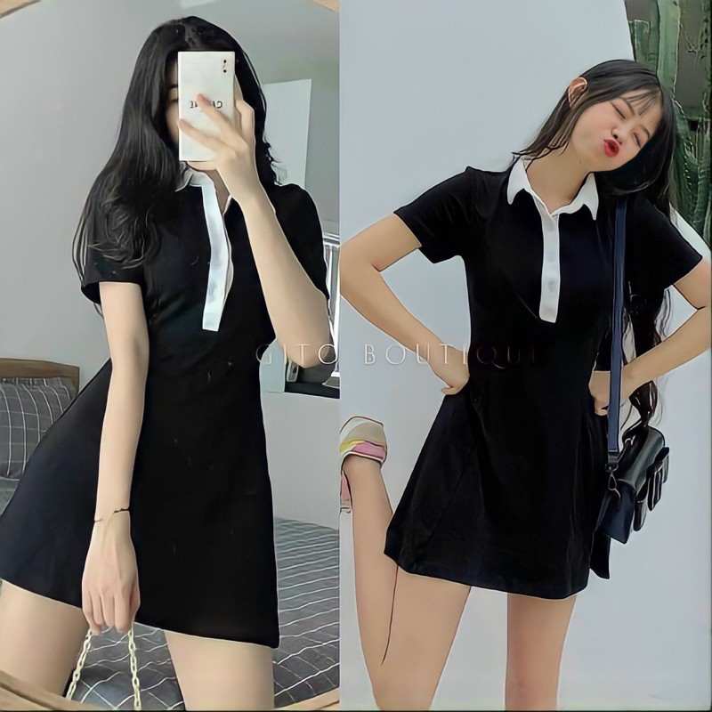 Đầm polo đen body tay ngắn xinh xắn, đi dự tiệc, đi chơi, dạo phố