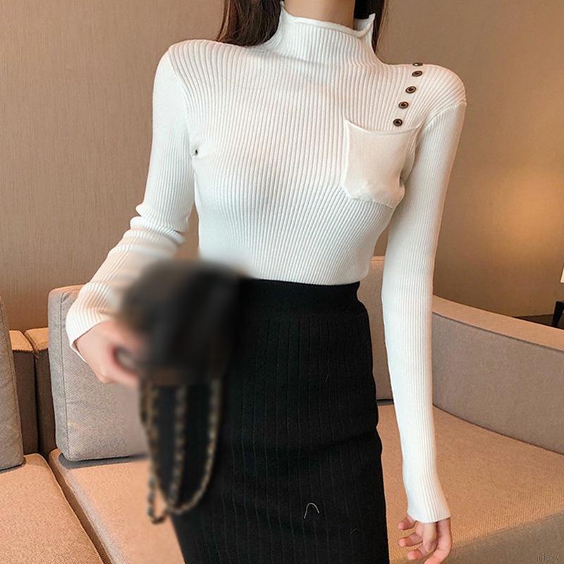 Áo Sweater Dệt Kim Mỏng Tay Dài Cổ Cao Màu Sắc Đơn Giản Phong Cách Hàn Quốc Cho Nữ