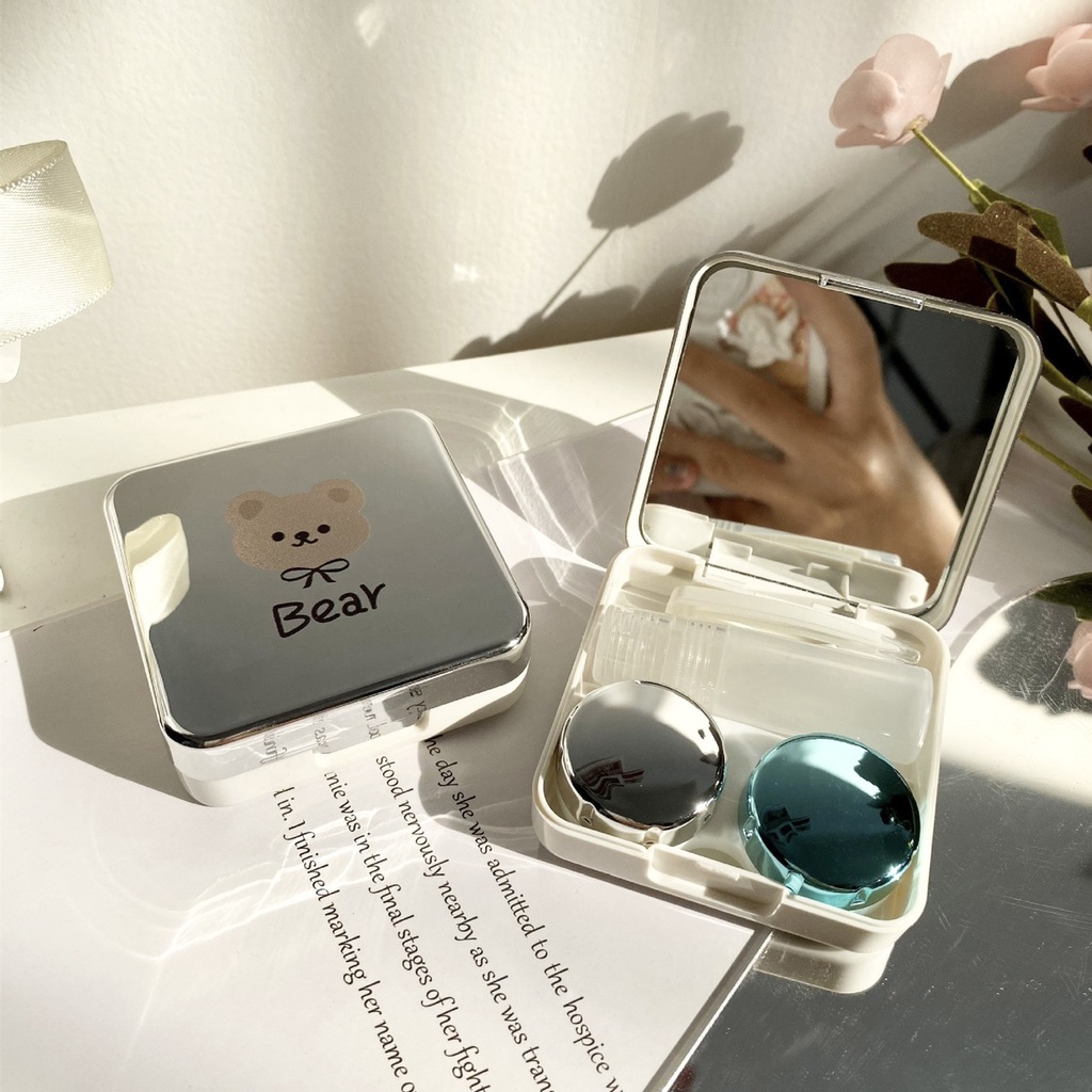 Hộp đựng lens tráng gương gấu đeo nơ | Hộp đựng kính áp tròng