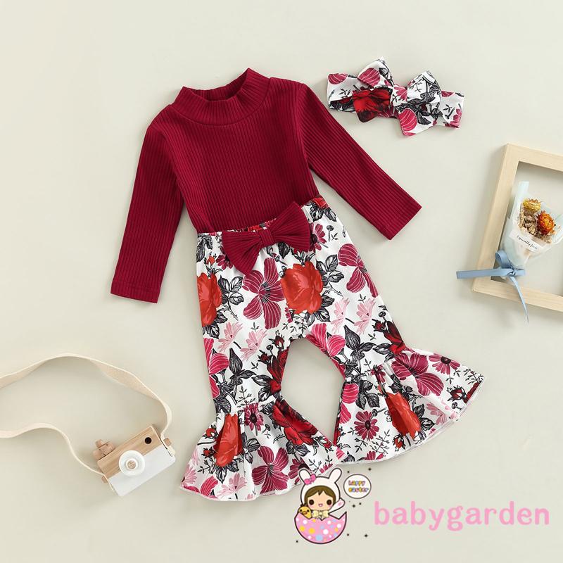 Bộ Áo Liền Quần Tay Dài Cổ Cao Màu Trơn + Quần Dài Ống Loe In Hoa + Băng Đô Cài Tóc Thời Trang Mùa Thu Cho Bé Gái 0-18 Tháng Tuổi