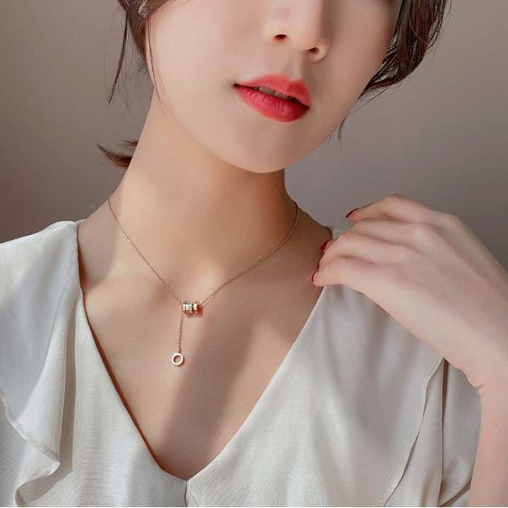 dây chuyền nữ titan ống số la mã rớt vòng tròn siêu đẹp, bền màu, chuẩn thời trang