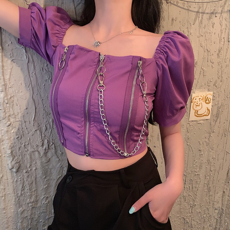 Áo croptop tay ngắn cổ vuông 3 dây kéo có xích ôm body cực chất cá tính ulzzang ( 2 màu )