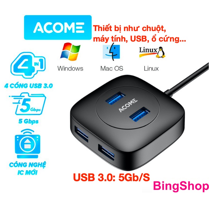 HUB USB 3.0 Bộ Chuyển Đổi 4 in1 ACOME AH300 Tốc Độ Truyền Tải Cao Công nghệ IC Mới - Hàng Chính Hãng