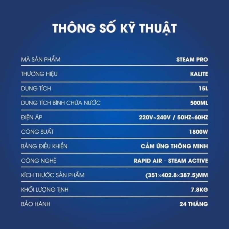 Nồi Chiên Không Dầu - Nồi chiên hơi nước Kalite Steam Pro 15L có sách hướng dẫn nấu ăn (New 2022) - Hàng Chính Hãng