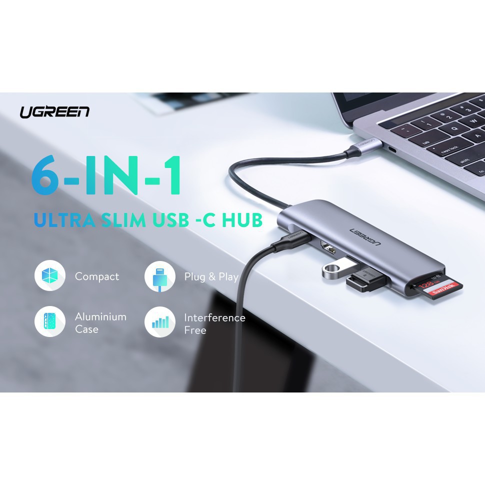 Hub UGREEN Usb-C 6 in 1 Sang HDMI 4K,2 USB 3.0 Ports,SD/TF Card Reader,100W PD 70411