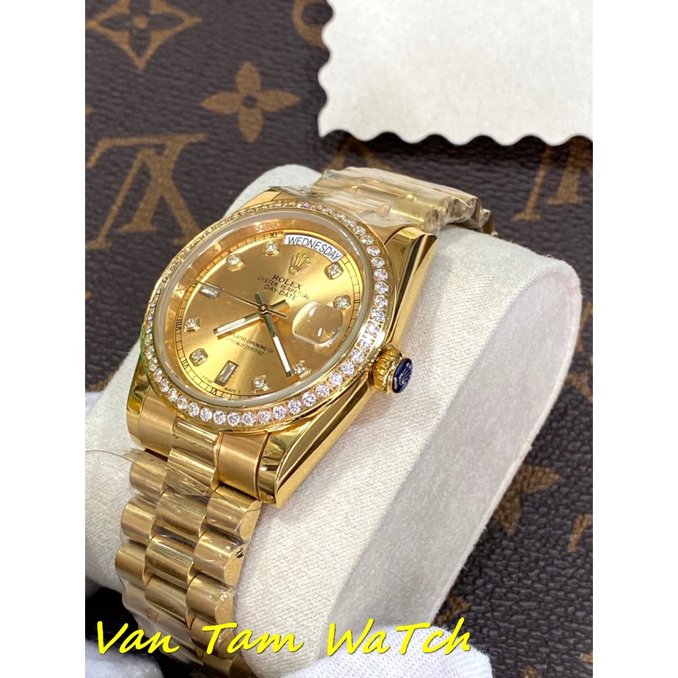 Đồng hồ nam Rolex Day-date 36mm máy cơ Nhật cao cấp, mặt tròn đính đá, dây thép không gỉ