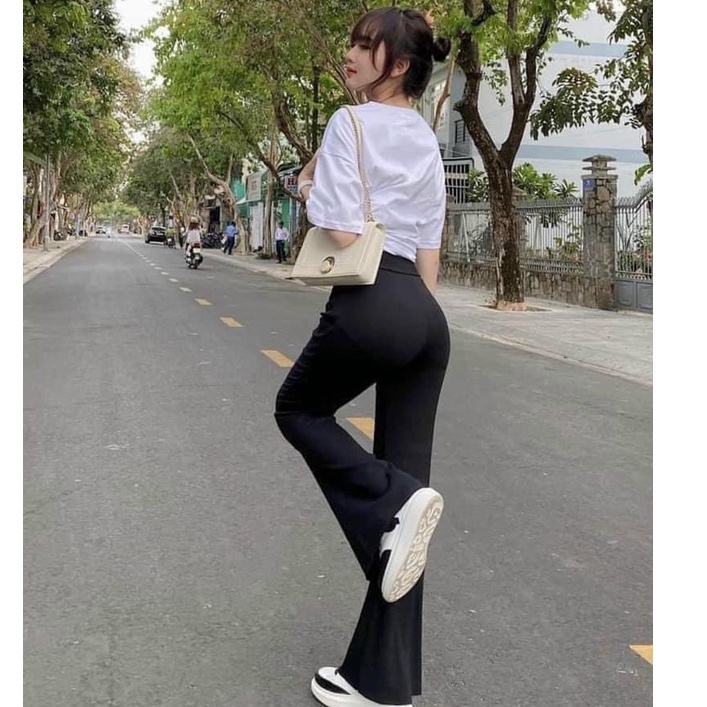 Quần ống loe legging Ngọc Trinh bigsize 90KG, lưng cạp cao gen bụng chất cotton siêu co dãn 4 chiều tôn dáng chân dài