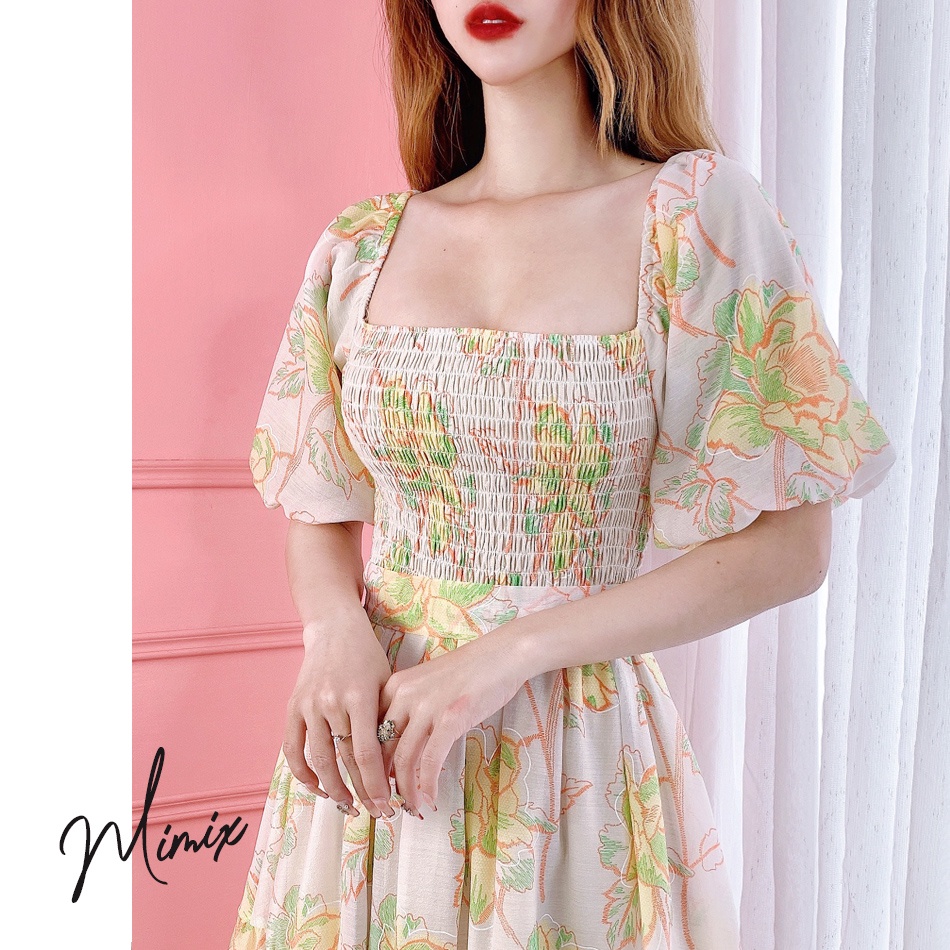 Đầm maxi hoa tầng cổ vuông tay ngắn phồng MMIMX BP0205 | BigBuy360 - bigbuy360.vn