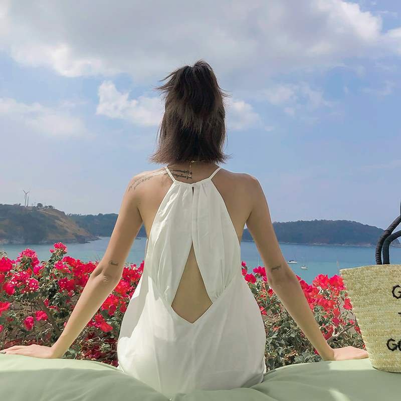 Váy yếm hai dây hở lưng đen trắng dáng maxi - Váy yếm dáng maxi dáng suông xòe rộng freesize chất thô mát C261