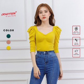 Áo thun tay lỡ bồng nữ CRAZYTEEN cổ tim thời trang AT0112