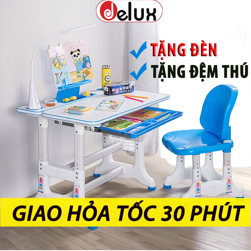 Bộ bàn học thông minh Delux B, bàn học chống gù cho học sinh tiểu học (Tặng đèn học + đệm hình thú)