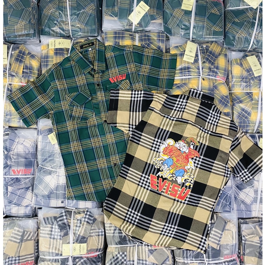 Áo sơ mi nam ngắn tay caro evisu vải nỉ dày dặn thấm hút mồ hôi, trẻ trung, hot trend form vừa VBSHOP001