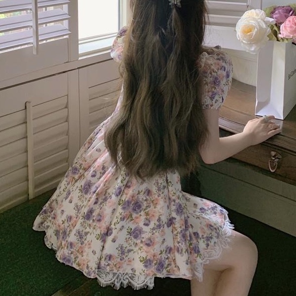 Đầm Chiffon Tay Ngắn Cổ Vuông In Họa Tiết Hoa Thời Trang Mùa Hè Phong Cách Retro Pháp Cho Nữ