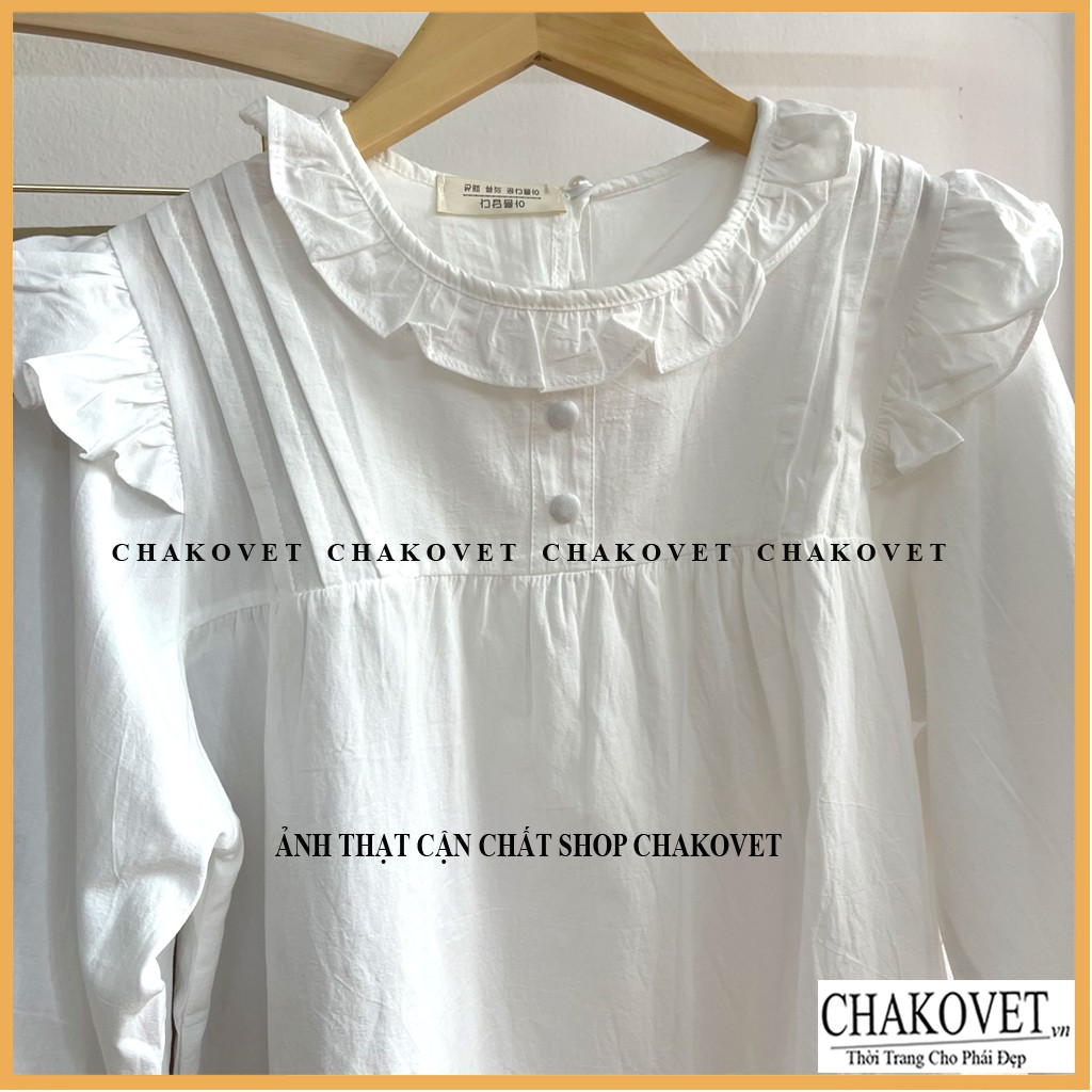 Áo babydoll tay lỡ 2 cúc bọc cka803, kiểu áo sơ mi nữ cao cấp cổ tròn bèo màu trắng phong cách ulzzang đẹp dễ thương | BigBuy360 - bigbuy360.vn