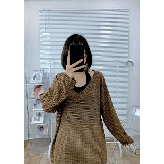 sét áo len lưới tay dài dáng rộng , phong cách thời trang dành cho nữ