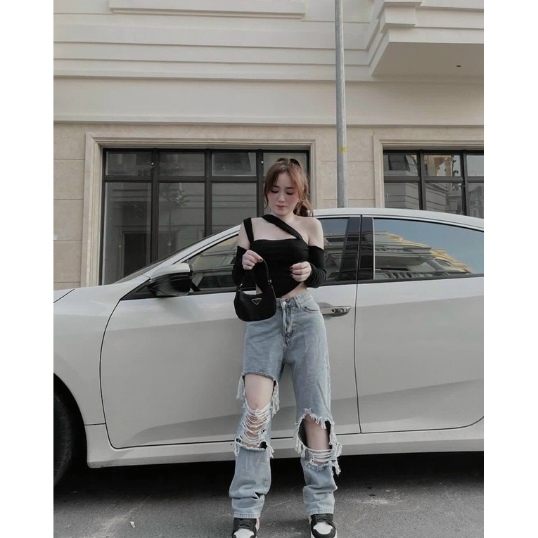 Áo yếm croptop bẹt vai tay dài dây chéo màu trắng/đen NÀNG CLOSET