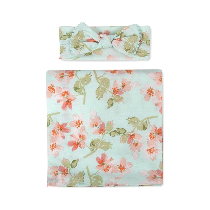 Set 2 Món Gồm Khăn Quấn In Hoa + Mũ Beanie Bằng Sợi Nhỏ Cho Bé Sơ Sinh