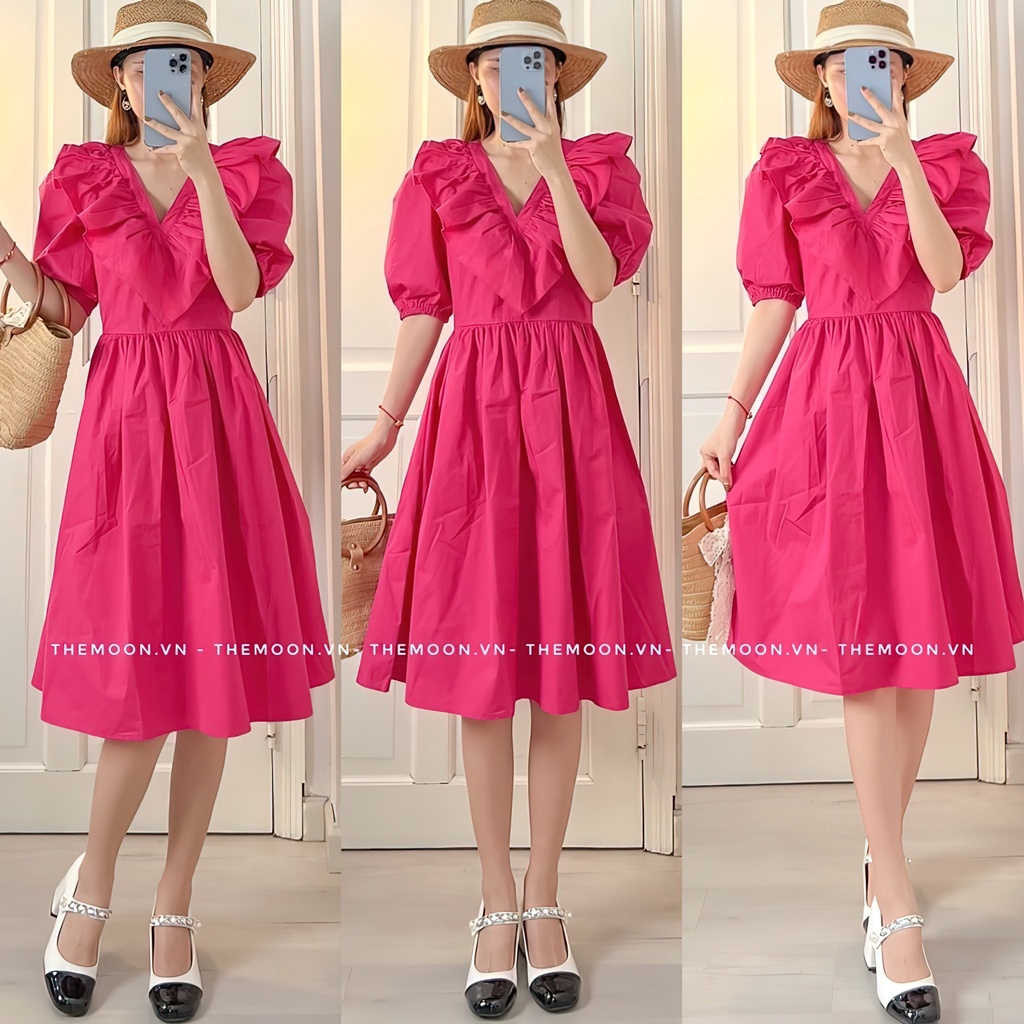 Đầm xoè tay ngắn phồng màu hồng hot trend