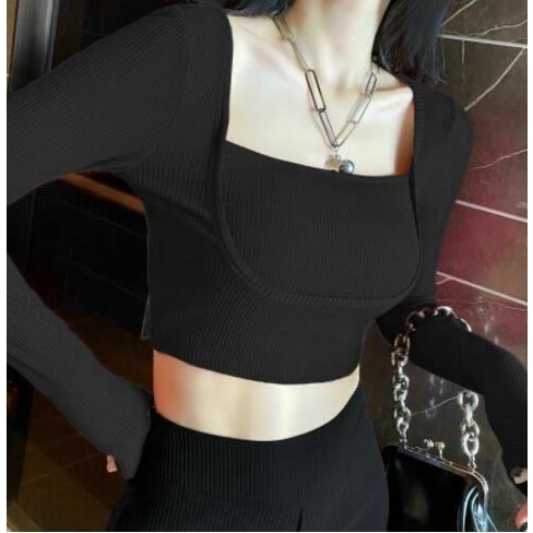 Áo Croptop Gân Bó TAy Dài Cổ vuông Siêu Xinh TTVV0028