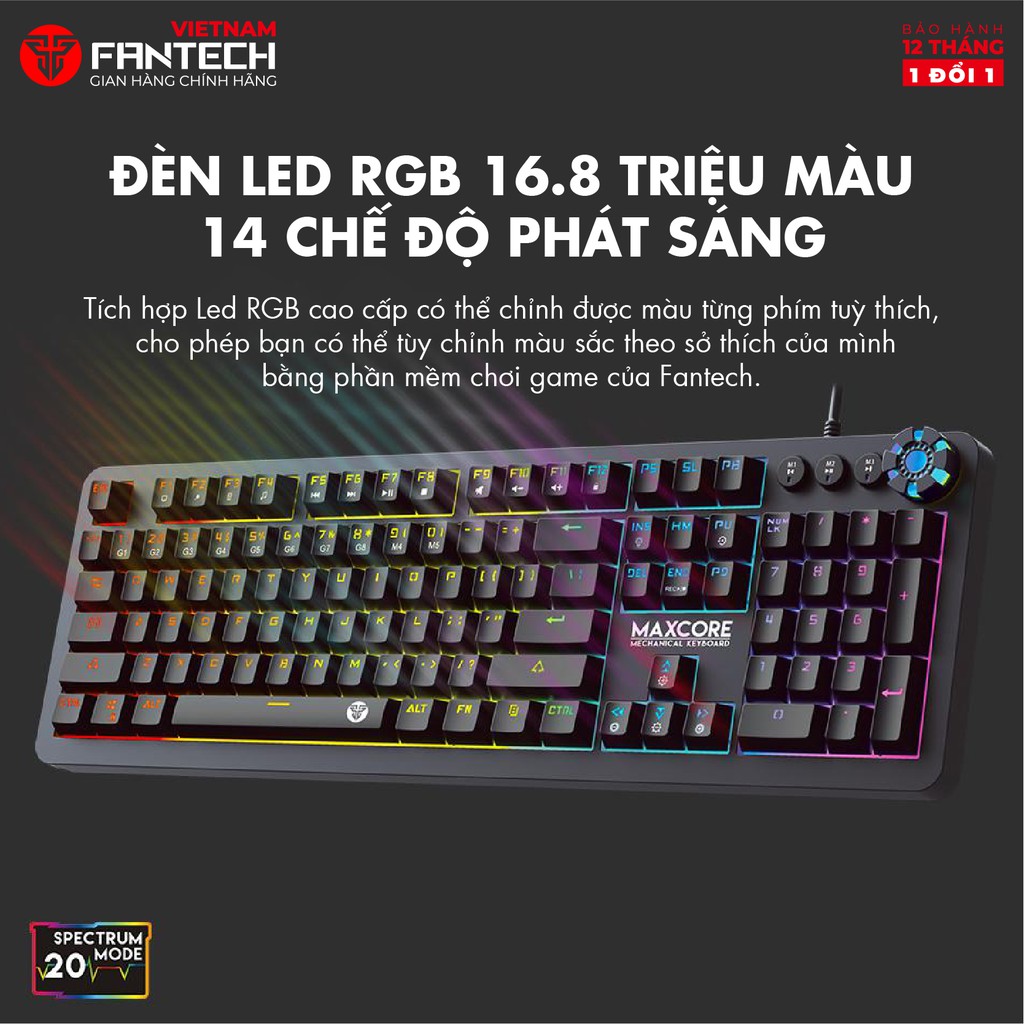 Bàn Phím Cơ Gaming Full-sized Có Dây Fantech MK852 MAXCORE Blue/Brown Switch LED RGB