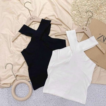 Áo Thun Body 2 Dây Phối Chéo Nữ Croptop tăm dãn, phông thiết kế cá tính màu ĐEN | TRẮNG - Mbra94