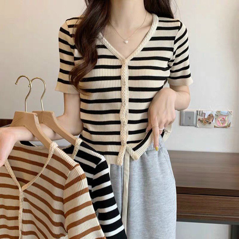 Áo len cổ v viền phối cực xinh, áo cardigan len mỏng mùa thu