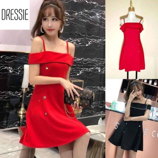 [HÌNH THẬT] Váy Áo Đầm Xòe Chữ A DRESSIE Hai Dây Thời Trang Nữ Đẹp Dạo Phố Dự Tiệc - DX79 (Đen - Đỏ)