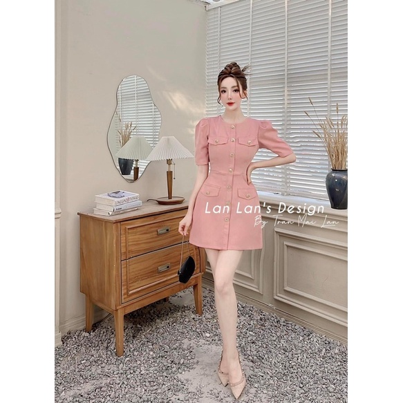 Váy Đầm nữ cổ trụ có túi đính nút dài phong cách công sở thoải mái vận động