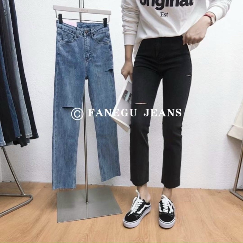 [Ảnh/Video Thật] Quần Jean Ống Đứng Rách Cạp Cao Co Giãn Quần Bò Ống Đứng Rách Cạp Cao Co Giãn Mã 3925