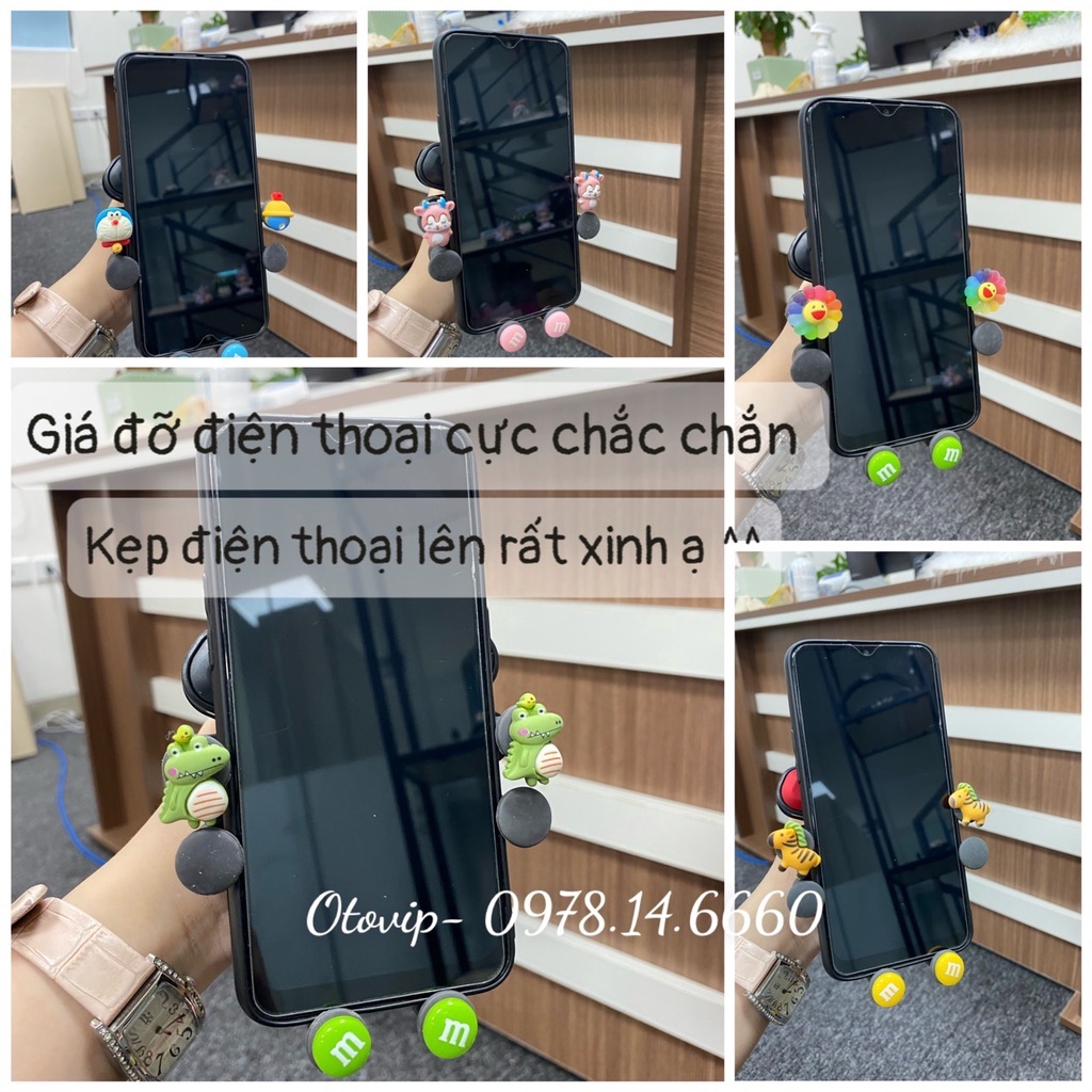 Giá đỡ điện thoại trên ô tô kẹp cửa gió điều hòa xe ô tô 6 chấu có sticker ngộ ngĩnh Doremon,Micky, Sư Tử..