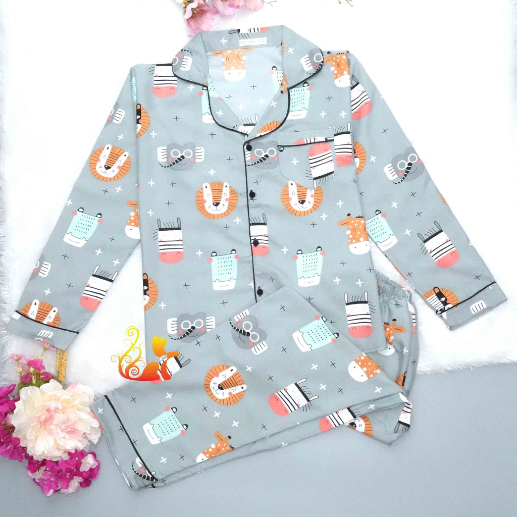 Đồ Bộ Mặc Nhà "Sư tử Smile" Pijama Kate Thái Tay Dài - Dưới 60kg.