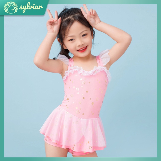 Bộ Đồ Bơi Một Mảnh In Họa Tiết Ngôi Sao Phối Ren Chống Nắng Cho Bé Gái 2-5 Tuổi