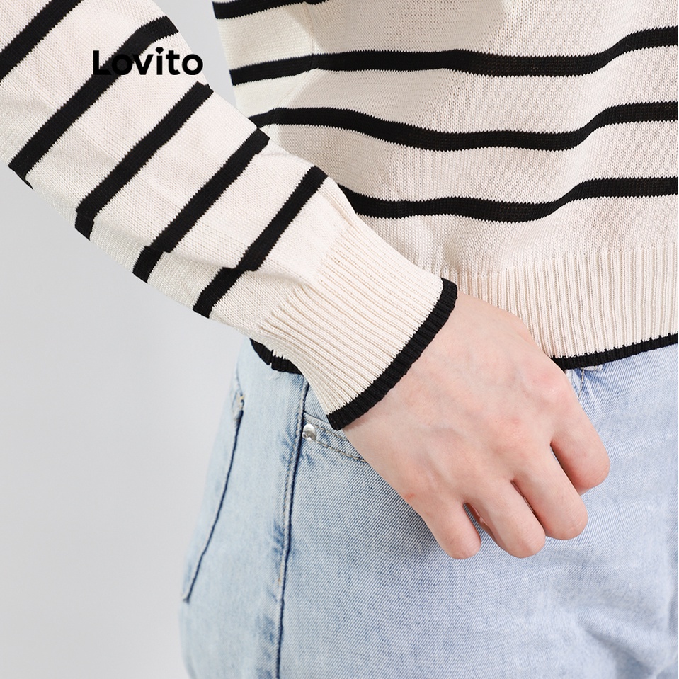  Áo Lovito tay dài cổ polo kiểu chữ V kẻ sọc phong cách Preppy L08215 (Màu be) | BigBuy360 - bigbuy360.vn