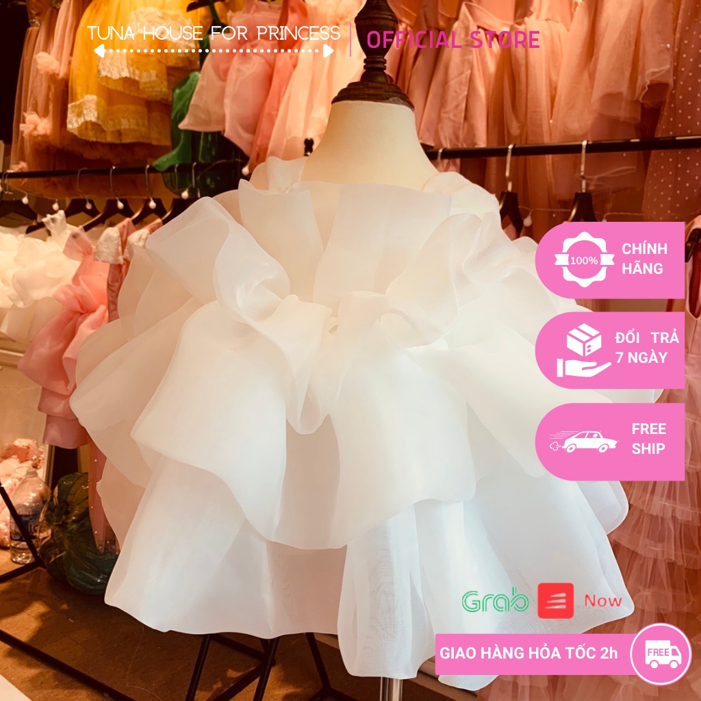 Váy đầm xoè công chúa bông trắng mặc thôi nôi đầy tháng bông tầng bồng bềnh - Tuna House For Princess