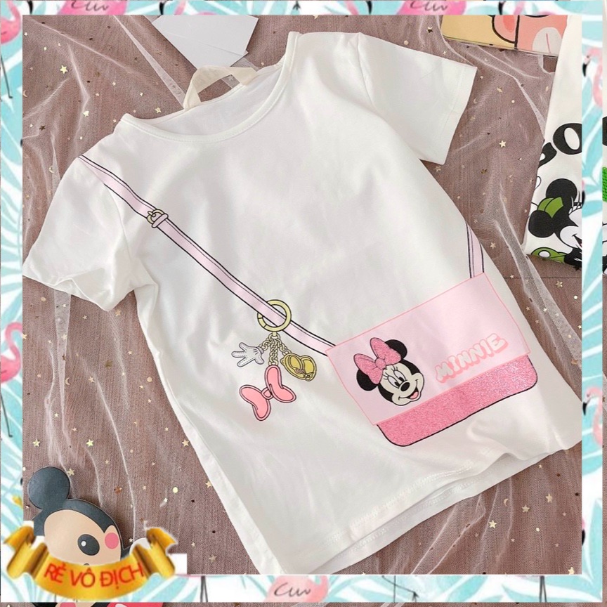 Áo thun cho bé gái 2-12 tuổi Hm kẻ ngang hình túi đeo Mickey, Áo cộc tay trẻ em hàng xuất vải cotton thấm hút mồ hôi