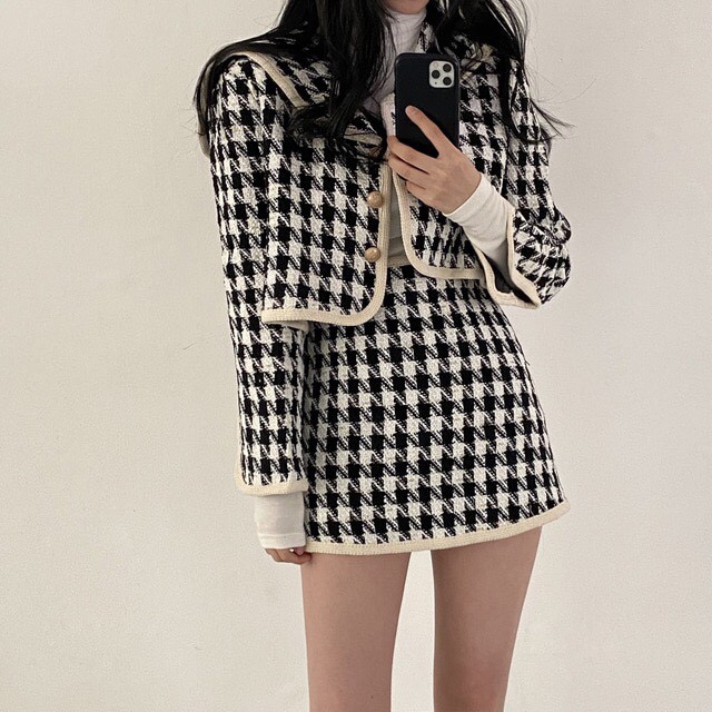 SET Váy houndstooth + áo khoác bông cardigan