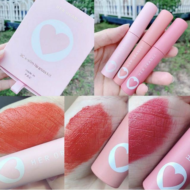 Set 3 Son Kem Lì Her Orange Hộp Trái Tim Hồng Siêu Cute