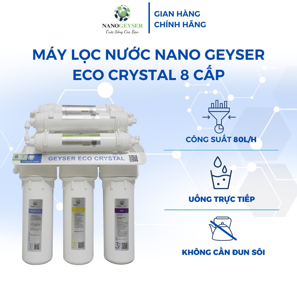 Máy lọc nước gầm bếp không điện không nước thải để nấu ăn, ECO CRYSTAL, BH 5 năm, dành cho nước máy